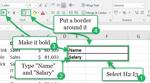 This is how to insert a place for your VLOOKUP formula to be. You might as well make it look good, so put a border around the cells and make the text bold.