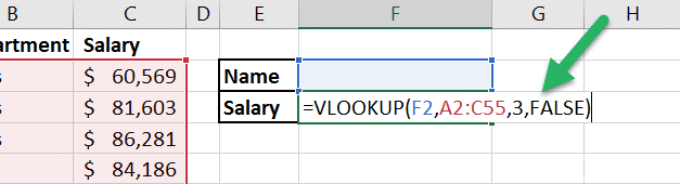 A completed VLOOKUP formula with exact match.