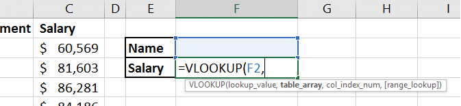 One of the early steps in creating a VLOOKUP formula. Here the lookup value is just entered.