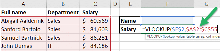 2nd argument of a VLOOKUP function in action. This is the table_range.