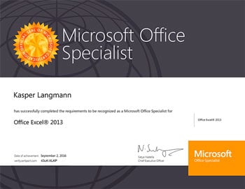 Kasper Langmann certified Microsoft Office Specialist