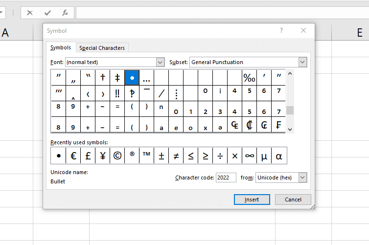 key command for bullets in word