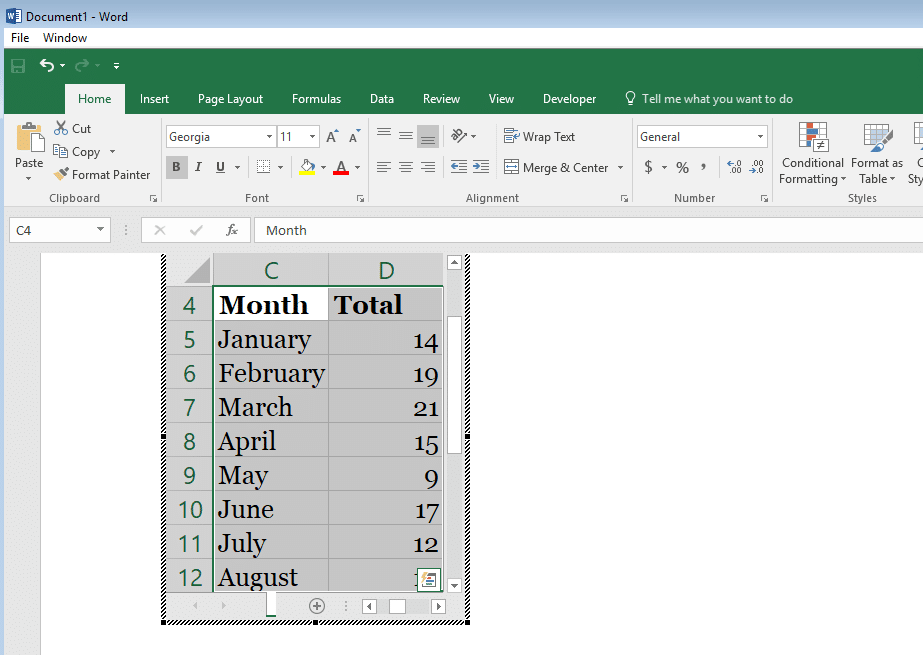 document info excel