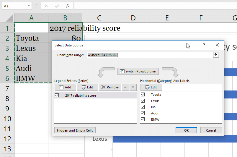 select values from different sheets for excel chart
