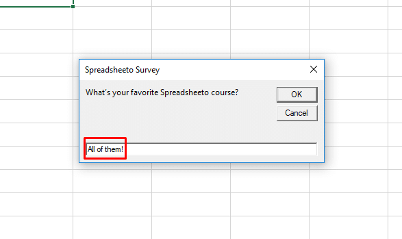 Excel vba text box to write user input - it shows default value - with ok button and cancel button