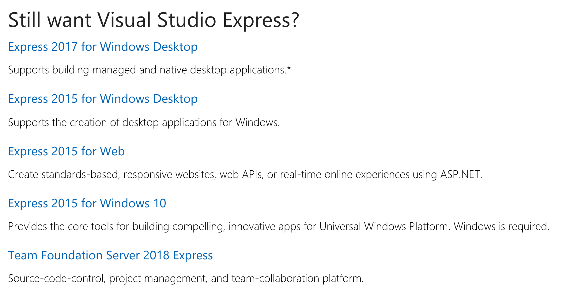 Visual Studio Express links