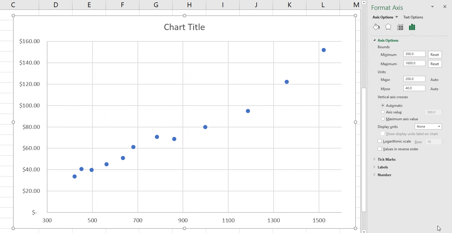 how to change axes of a scatter chart in excel 2007