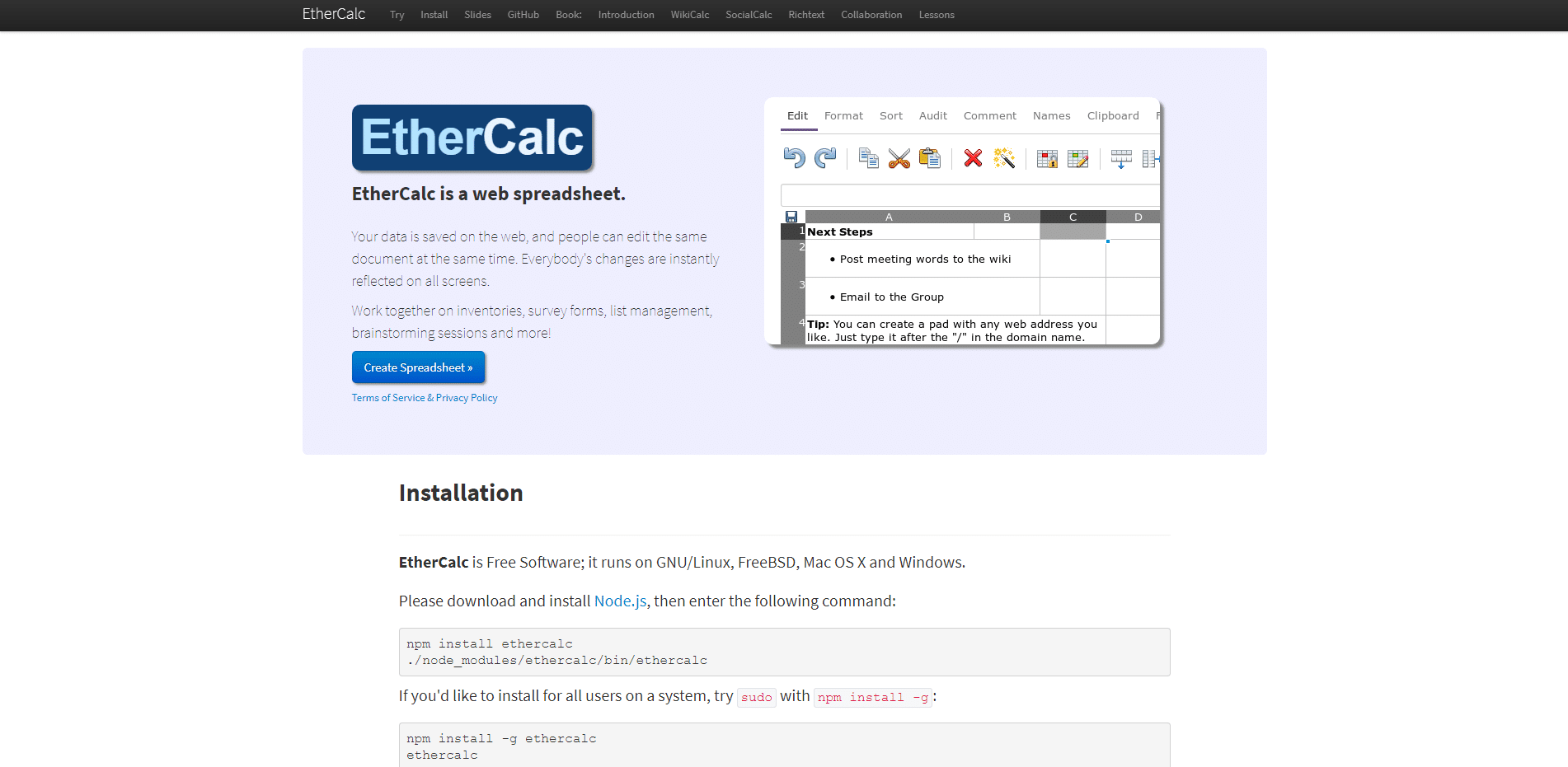 home page of ethercalc