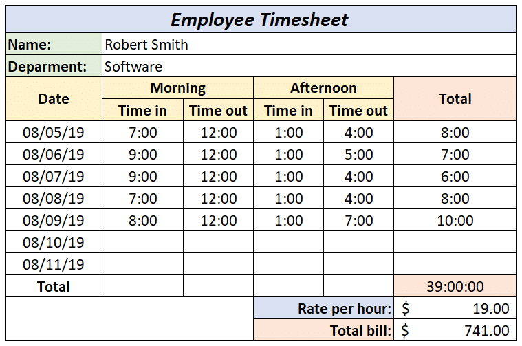 Excel Weekly Timesheet Template With Formulas DocTemplates