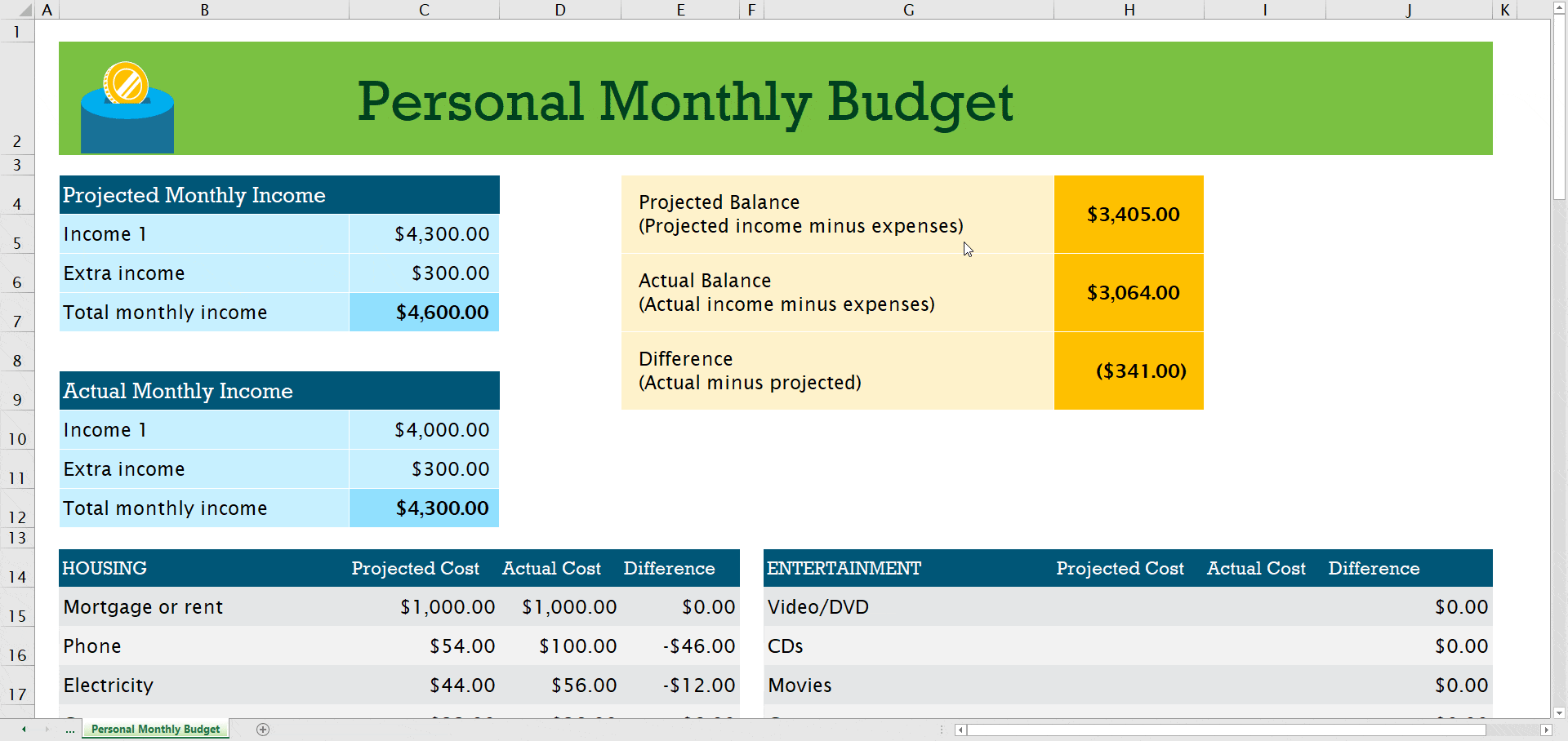 Microsoft Excel Home Budget Template Database