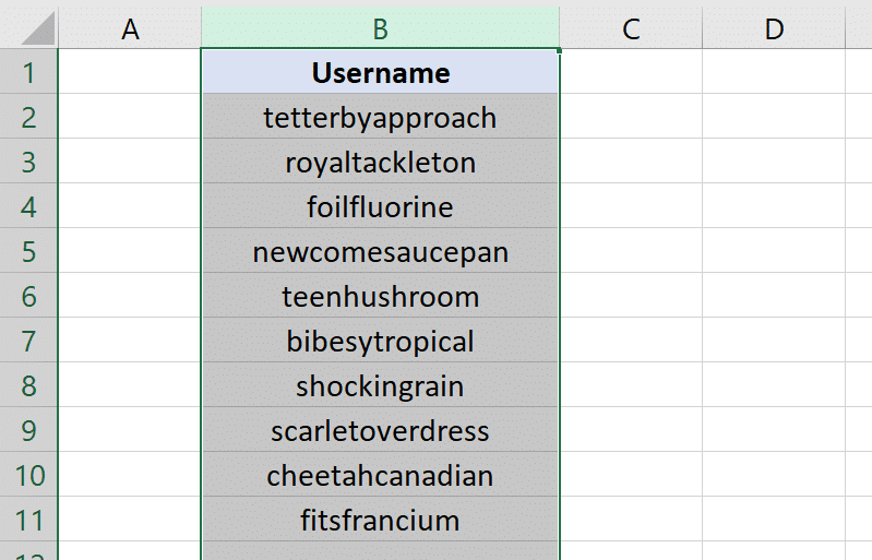 the username column is selected