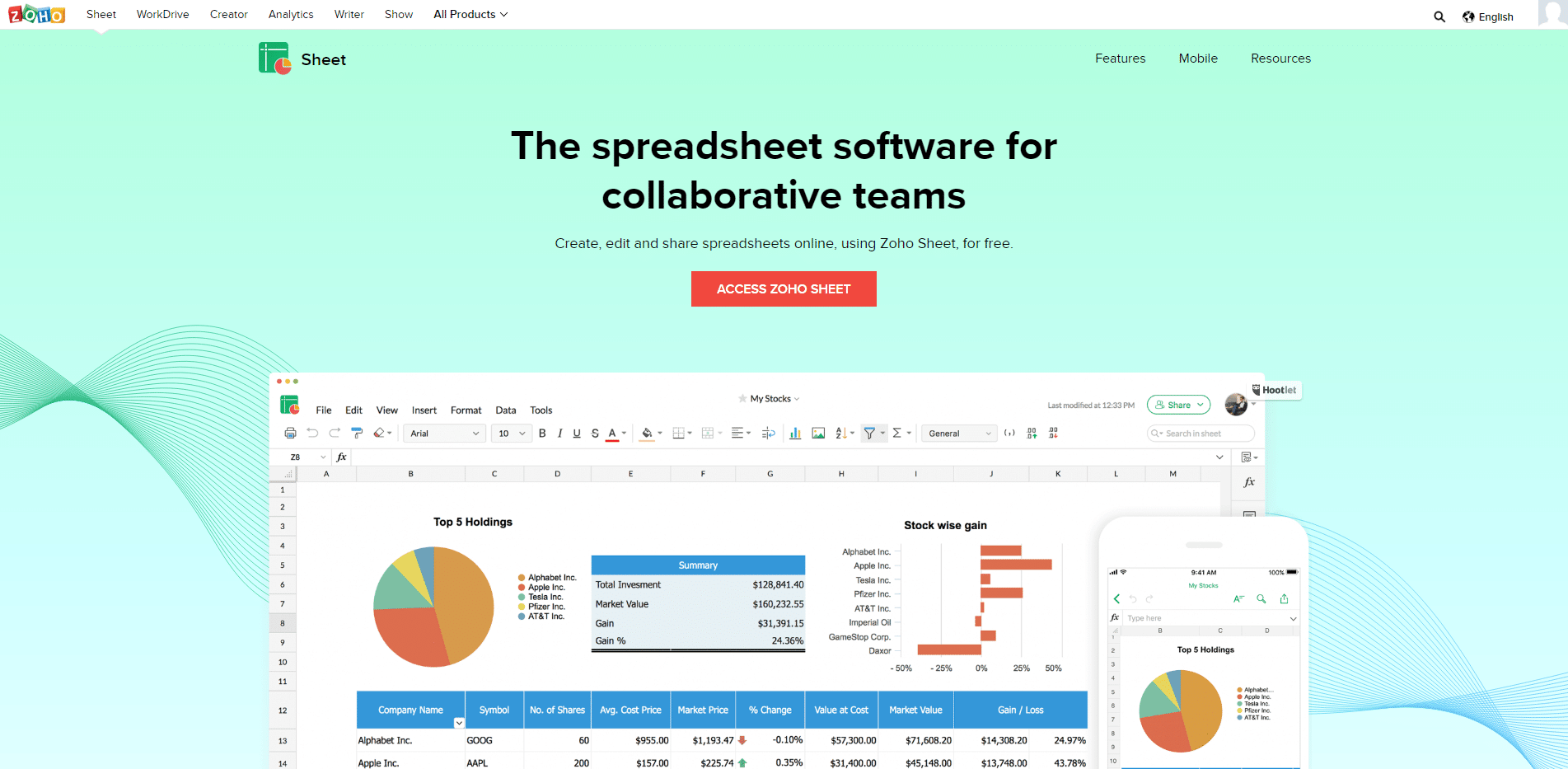 home page of zoho sheets
