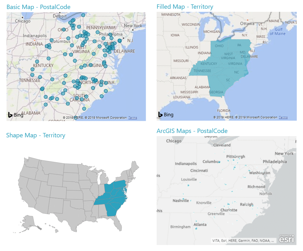Side-by-side comparison of all built-in Power BI maps