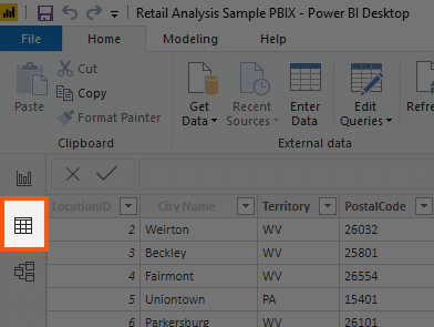 The data view icon on the left pane of Power BI Desktop