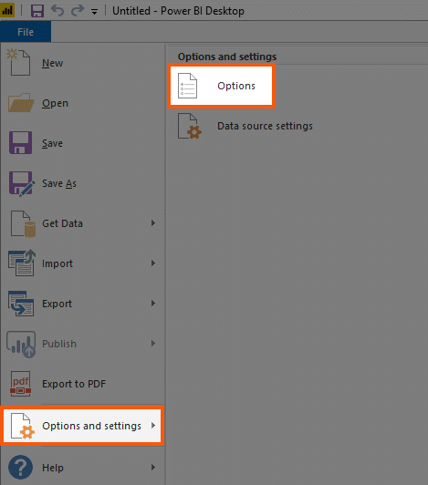 The 'Options and settings' button on the 'File' tab