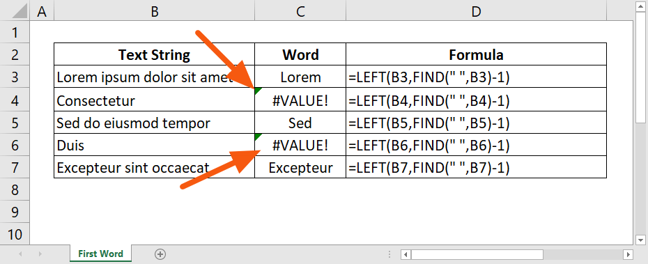 first-word-error Why a #VALUE error is occurring