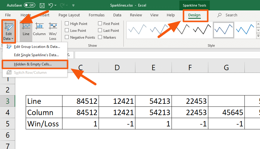 How to manage hidden and empty cells when creating a sparkline