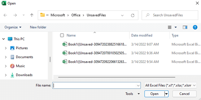 2 – Unsaved Excel file folder Find unsaved Excel files from temporary folder