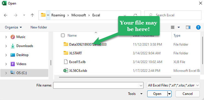 4 – Office temp folder Autorecover folder to recover unsaved excel file
