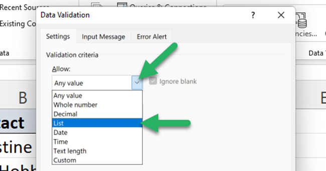 Data validation choose drop-down list