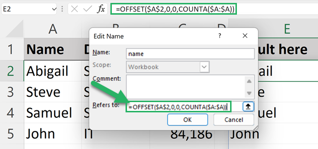 Insert OFFSET formula in named range