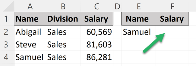 OFFSET MATCH formula example data