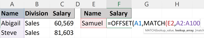 OFFSET MATCH lookup array