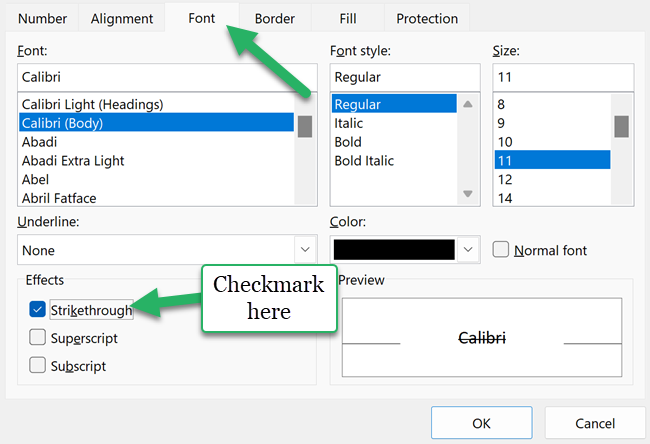 Format cells dialog box strikethrough option