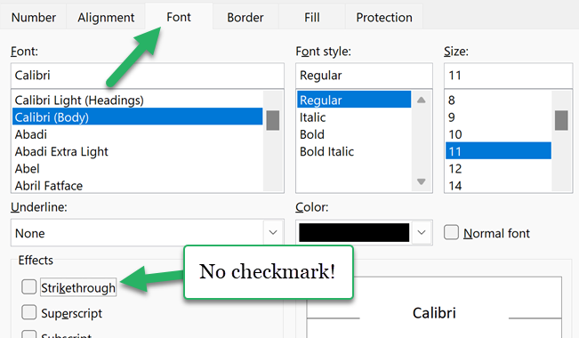 Format cells dialog box remove strikethrough