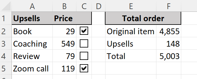 Checkbox in Excel - example