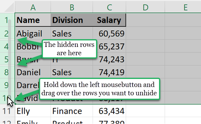 Select rows to unhide