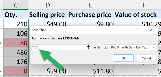 Click Conditional formatting in Excel - click highlight cells rules less than value