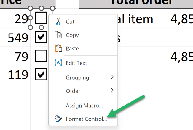 Right-click to Format Control Check Box