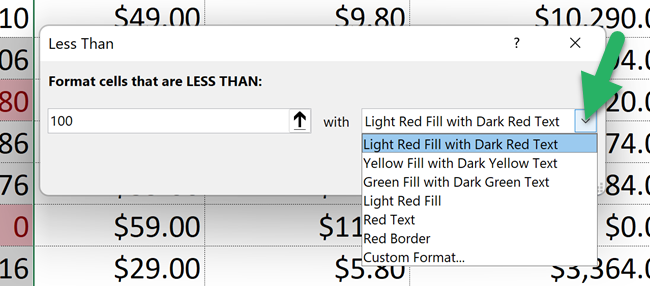 Choose formatting for the highlighted cells