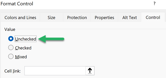 Format Control dialog box for Check Box - Unchecked option from Control tab