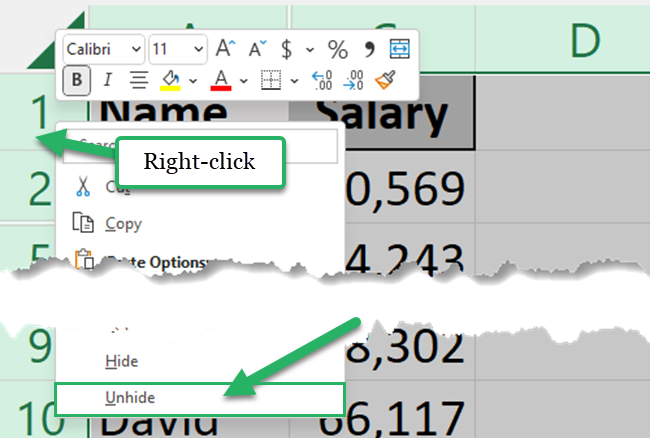 Right-click and unhide all rows