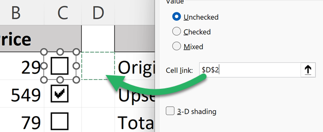 Cell link from check box to Excel cell