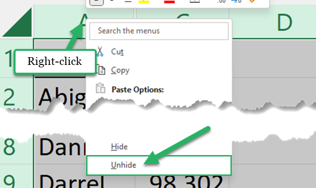 Right-click and unhide all rows