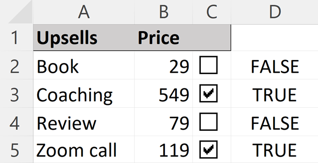 Checkbox in Excel - Cell link example