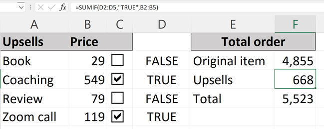 Checkbox in Excel - Formula to add TRUE values