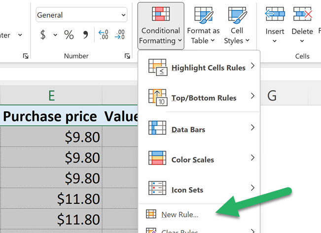 Click conditional formatting in Excel - new rule