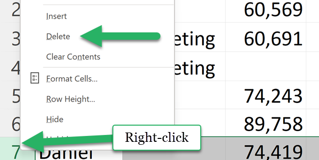 Right click to delete blank rows individually