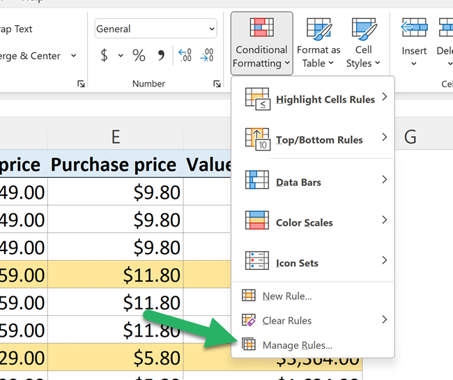 Click conditional formatting and Manage Rules