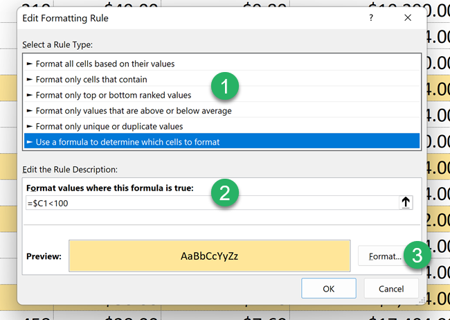 Conditional formatting - Edit formatting rule dialog box