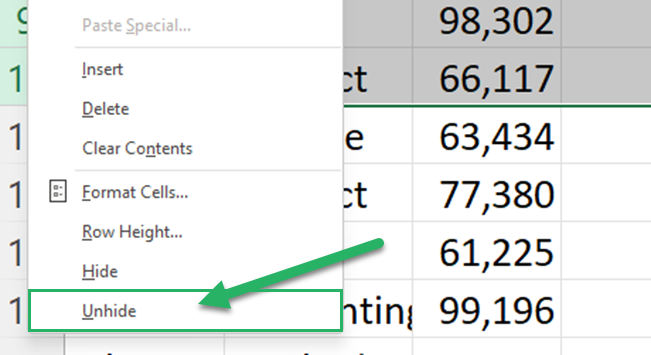 Right click selected rows and click Unhide