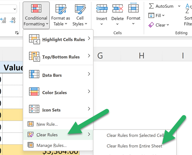 Click conditional formatting clear rules