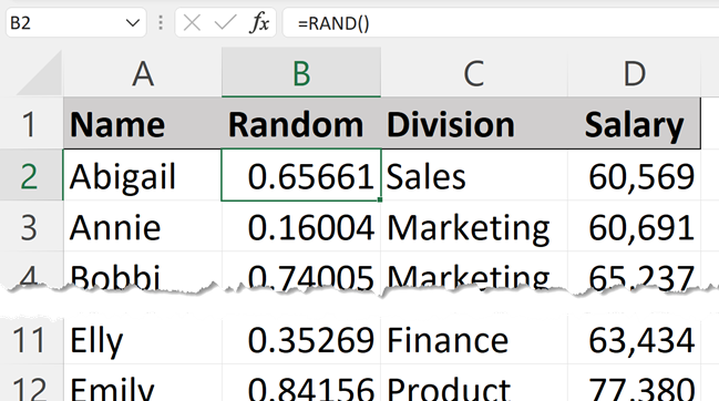 RAND-function added in random number column