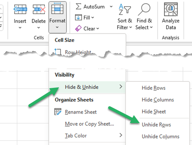 Click format to unhide first row