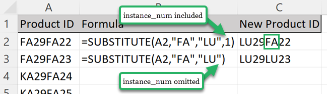 Excel substitute formula examples with instance number argument for multiple replacements