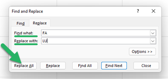 Replace text by using the find what and replace with fields from Find and Replace dialog box